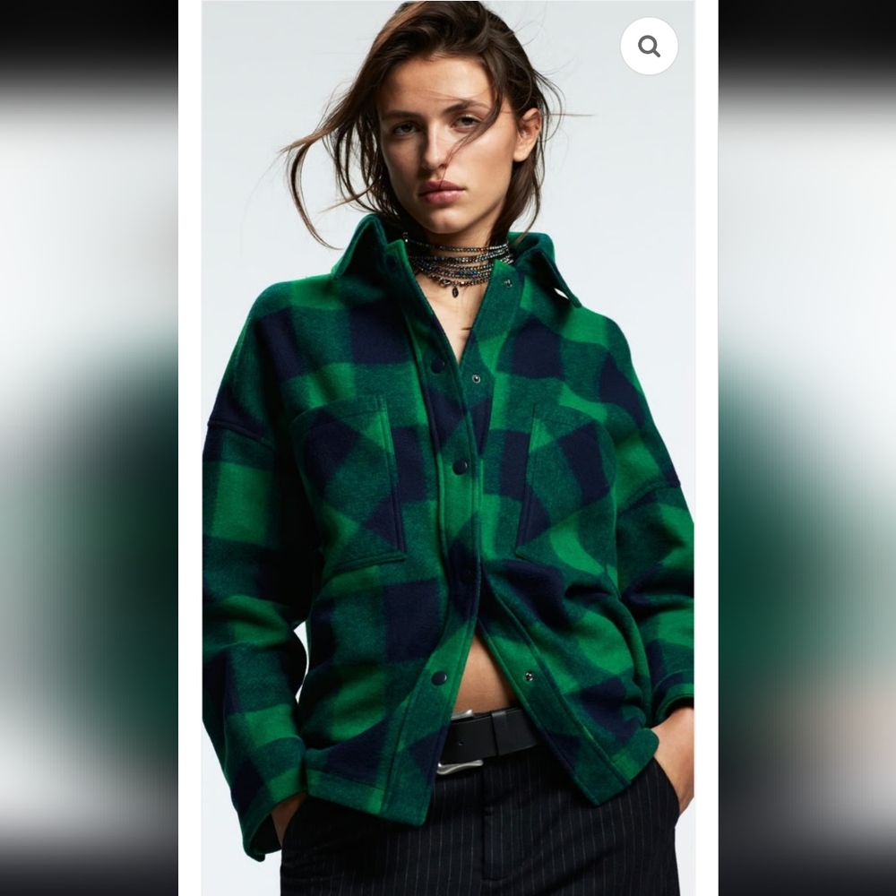 Zara Buffalo Plaid Jacket Green Navy Shacket Winter Thick Flannel Street Wear
